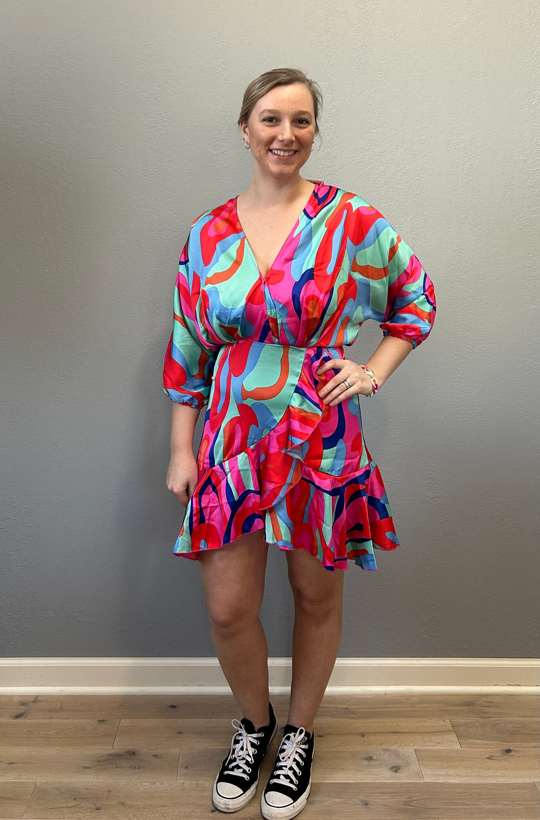 Bright and Groovy Faux Wrap Dress