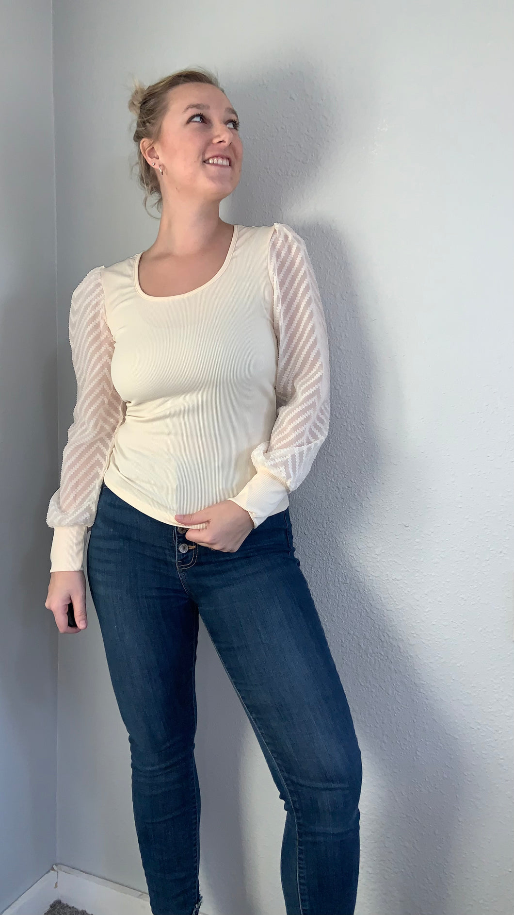 Ribbed Knit Blouse with Textured Sleeve