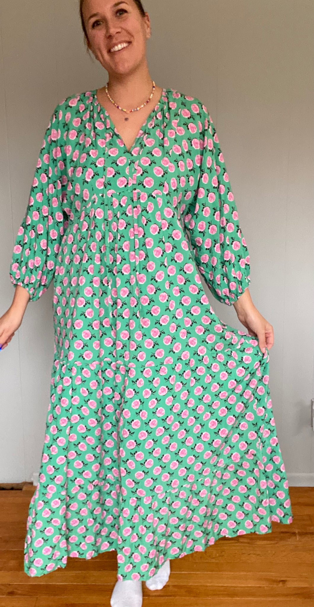 Green Patterned Long Sleeve Maxi